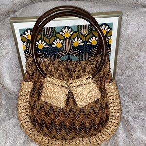 Vintage 70’s Woven Straw and Twine Tote w/ Acrylic Handles